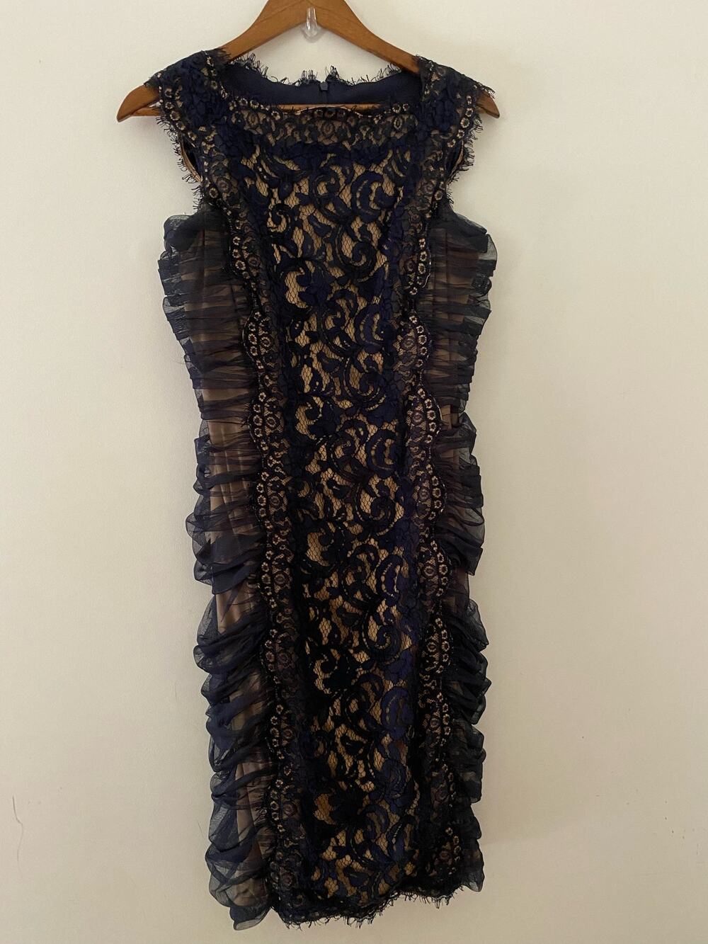 Tadashi Shoji 6 Navy Blue Lace Overlay Ruched Short Knee Length Dress EUC Formal